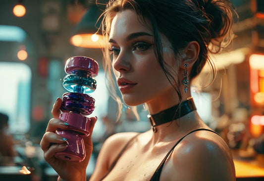 Model holding a futuristic sex toy